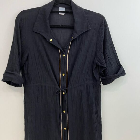 Vintage Black Crepe Beach Coverup Gold Trim Large - Picture 2 of 5